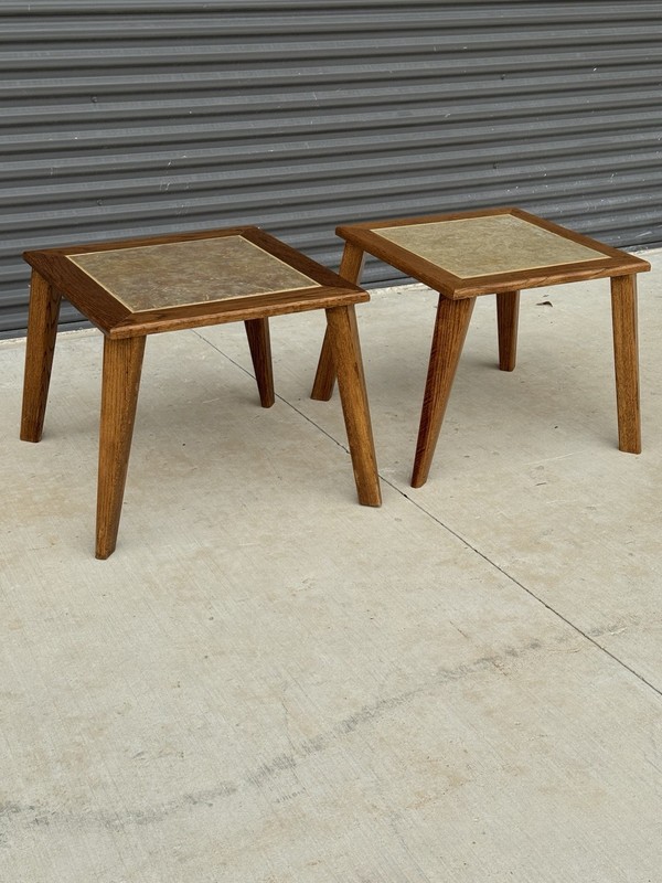 Pair Mid Century Modern HANDMADE Ranch Oak & Inlaid Ceramic Tile Top Side Tables gallery