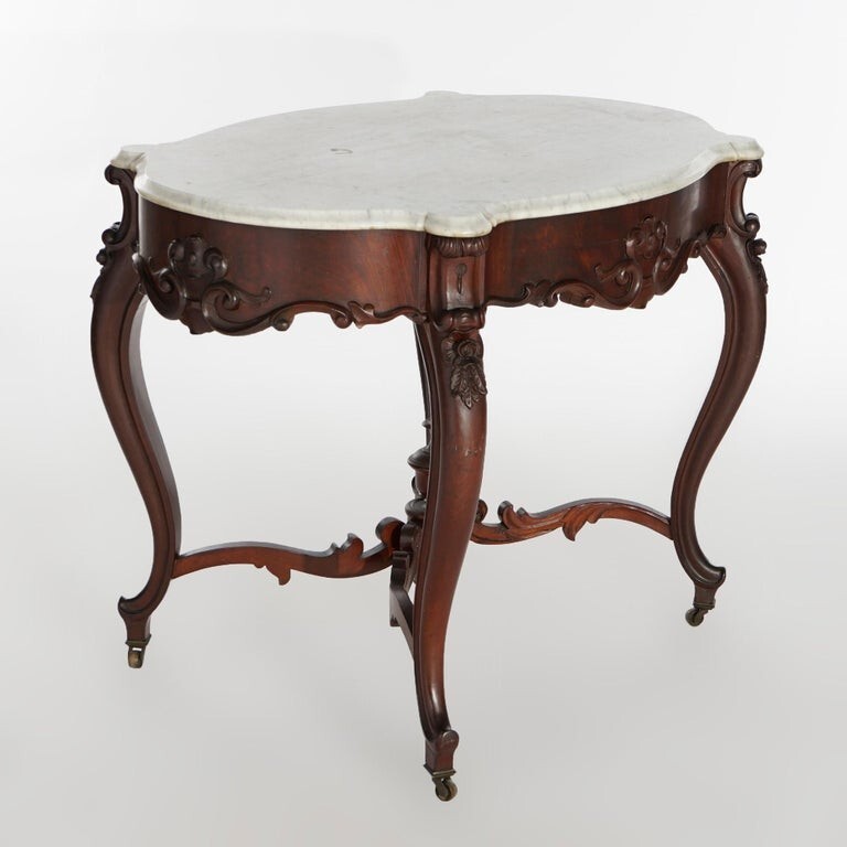 Antique Rococo Flame Mahogany & Marble Turtle Top Parlor Table Circa 1880 gallery