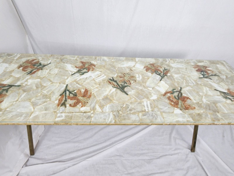 Inlaid Flowers Marble Long Table Chrome Legs Mid Century Modern Vintage Colorful gallery