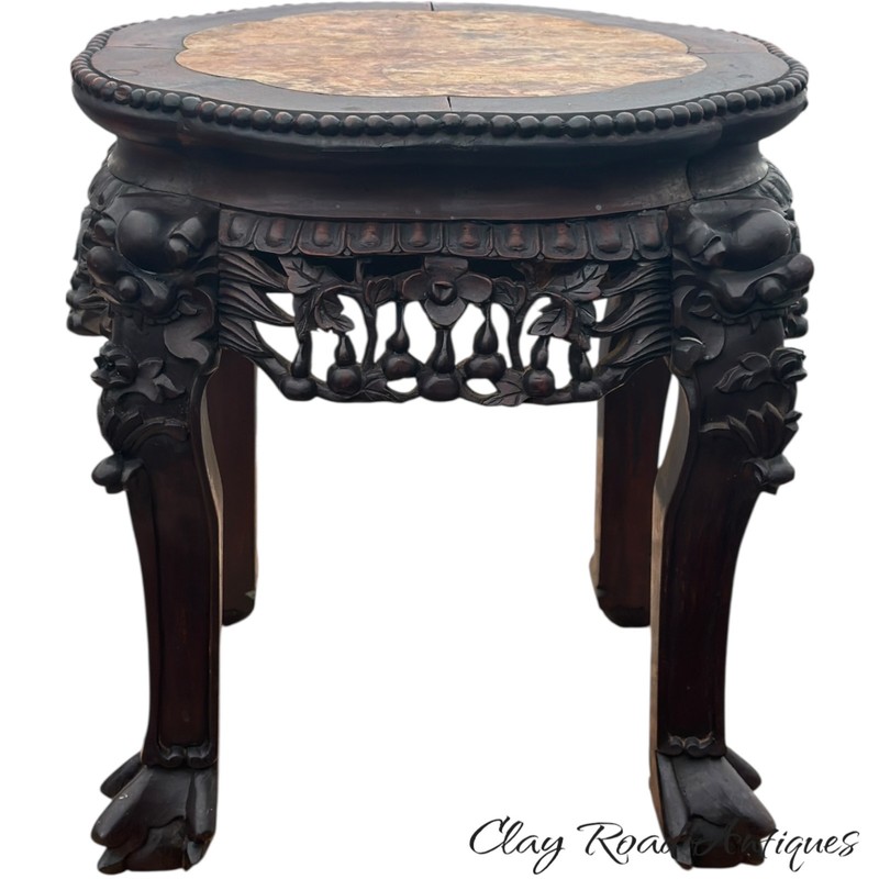 Antique Carved Chinese rosewood marble top parlor table plant stand small rose gallery