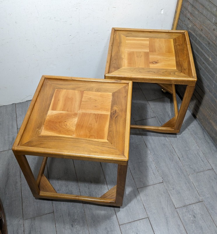 Vintage Pair of Mid Century Modern Square Cube Teak Wood Rolling End Tables gallery