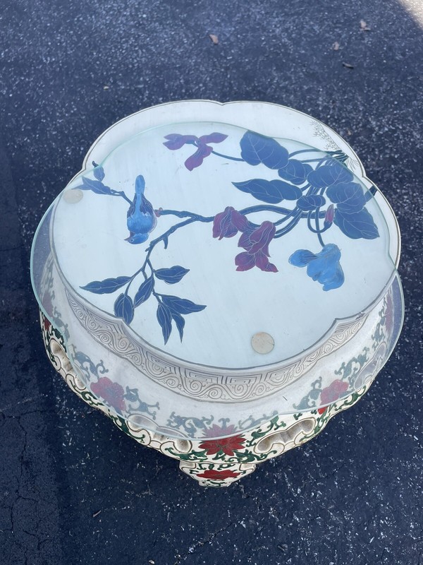 Hand Painted Laquer Cream Green Red Cloisonné Side Table ~ Glass top custom made gallery