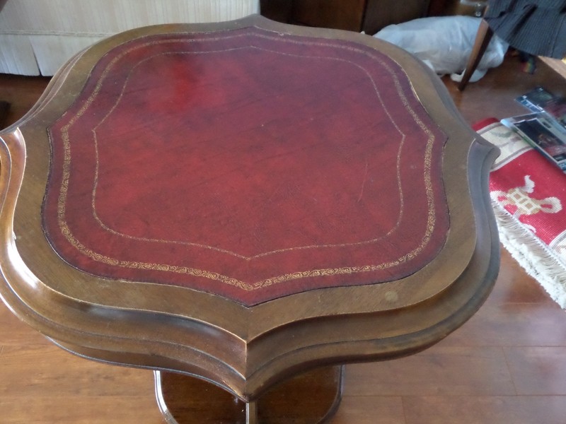 Mahogany Art Deco Table with Red Brown Gold Embossed Leather Top