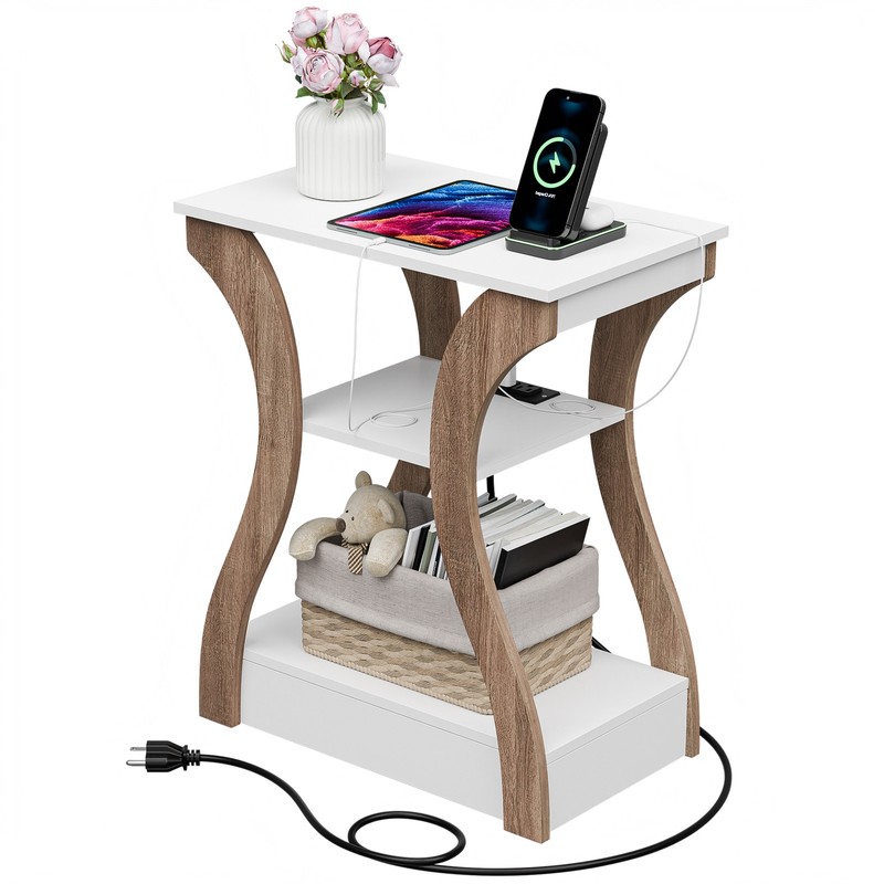 End Table with Storage Shelf and Charging Station for Living Room Wood+white