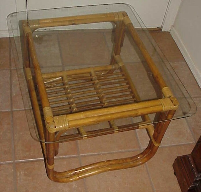 VINTAGE MID CENTURY 29" X 24" GLASS TOP BAMBOO ACCENT COFFEE TABLE W/SHELF gallery