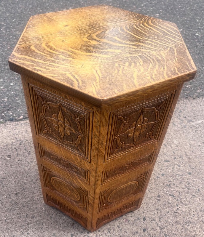 Antique 1910s Arts & Crafts Carved Oak Hexagon TABOURET Plant Stand Side Table gallery