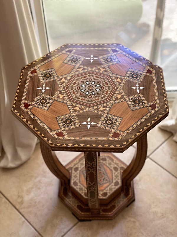 Vintage End Table Damascene marquetry Antique Wood Inlaid Mother of Pearl Décor