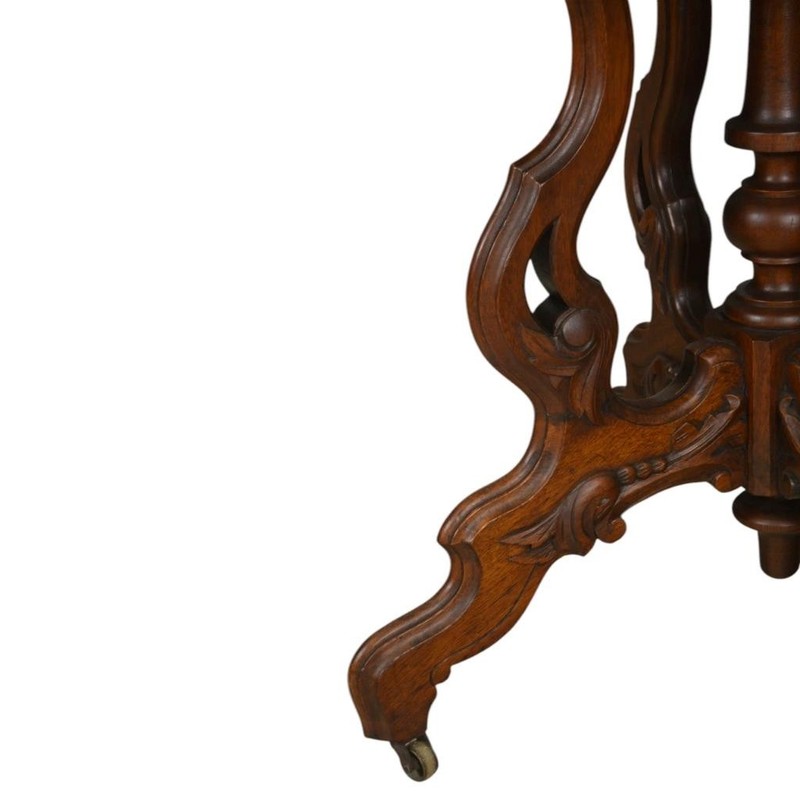 Antique Victorian Marble Top Carved Lamp Table – Walnut Base, 1880s #22593 gallery