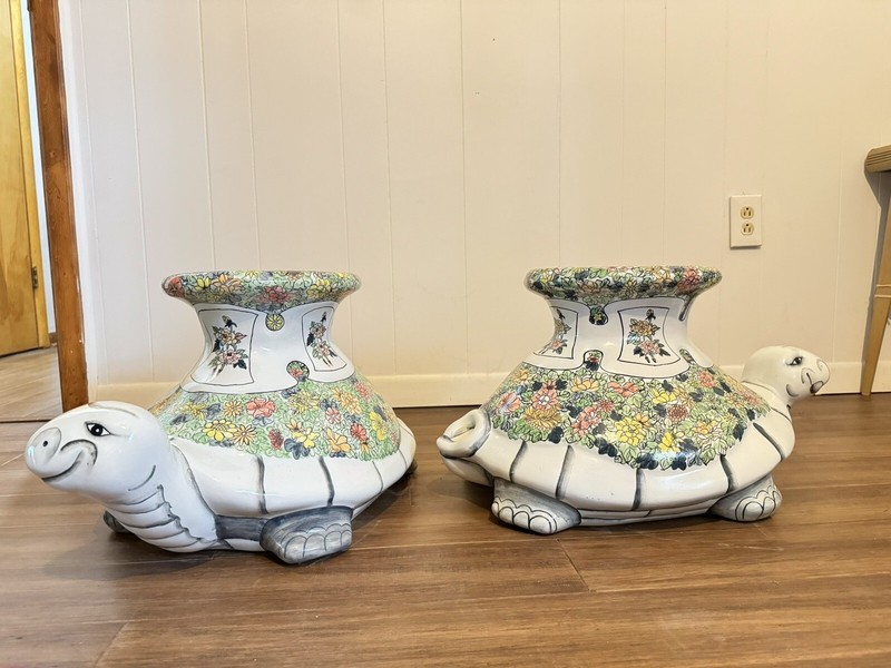 RARE! Set Of 2 MCM Hollywood Regency, Hand Painted Turtle Garden Tables gallery