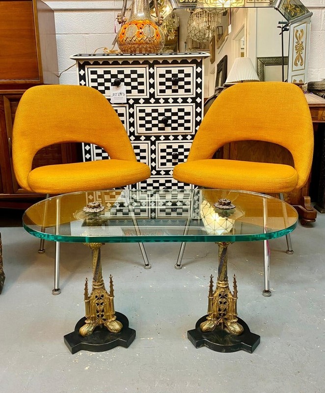 Italian Gothic Renaissance Style Brass Pedestals and Glass Top Coffee Table gallery