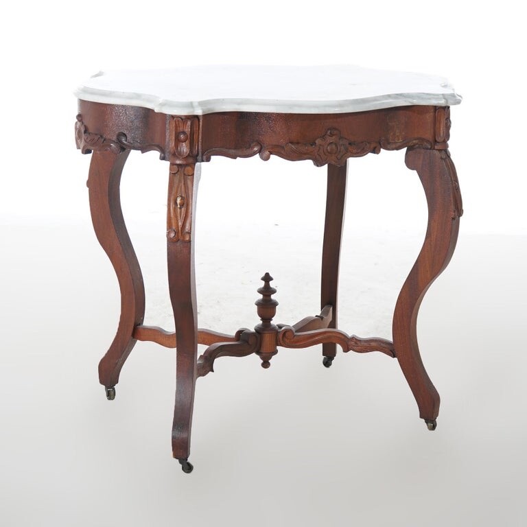 Antique Victorian Carved Walnut & Marble Turtle Top Parlor Table C1890 gallery