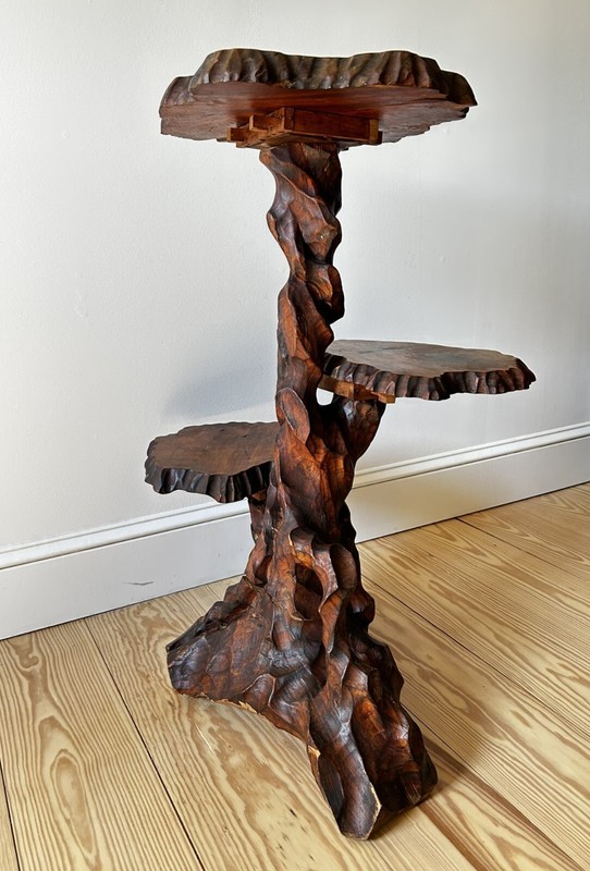 Vtg Large 34" H MCM Japanese Tree Root 3 Tier Hand Carved Wood Side Table/Stand gallery