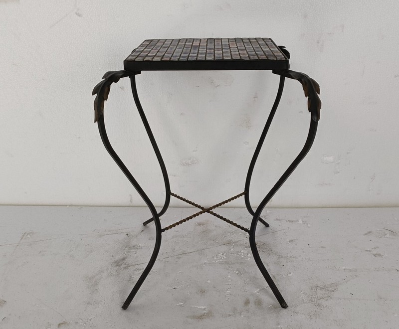 Vintage Small Side Table Plant stand Mosaic tiles Checkered pattern Wrought Iron gallery