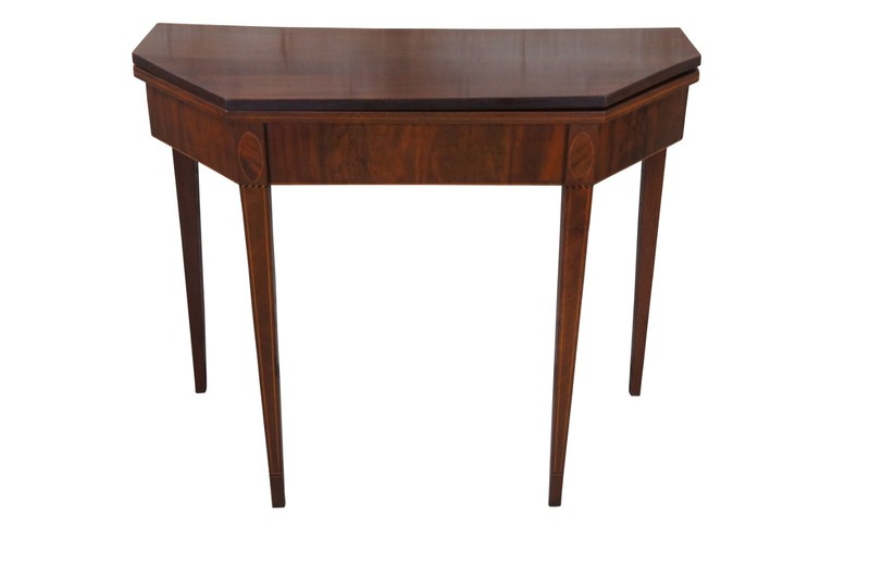 Antique Sheraton Mahogany Inlaid Octagonal Flip Top Game Card Tea Console Table gallery