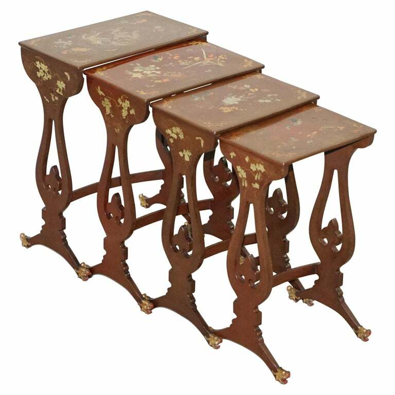 SUBLIM NEST OF 4 CIRCA 1880 CHINESE EXPORT BROWN LACQURERED TABLES HAND PAINTED