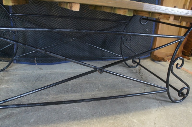 Vintage Neoclassical Directoire Scrolled Iron Outdoor Plank Top Dining Table 72" gallery