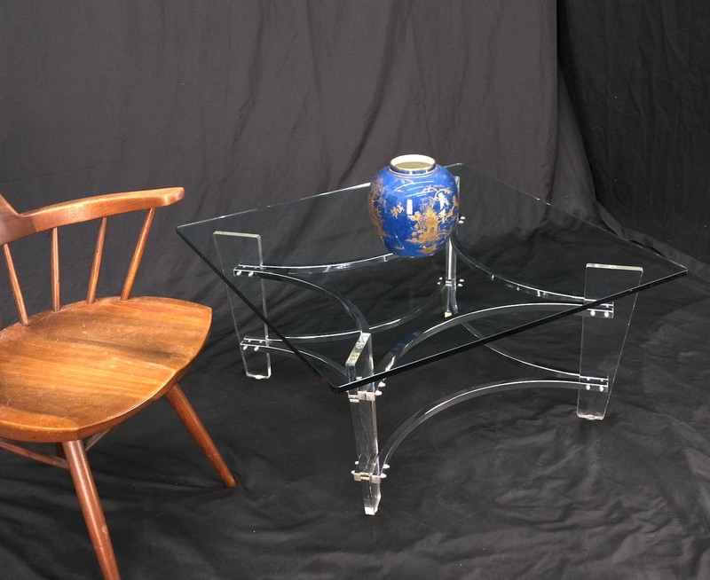 Charles Hollis Jones Lucite Chrome Square Glass Top Coffee Center Table gallery