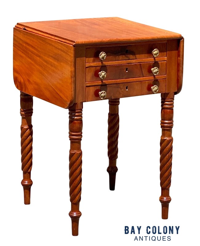 Antique Mahogany 3 Drawer Worktable / Nightstand with Rope Carved Legs
