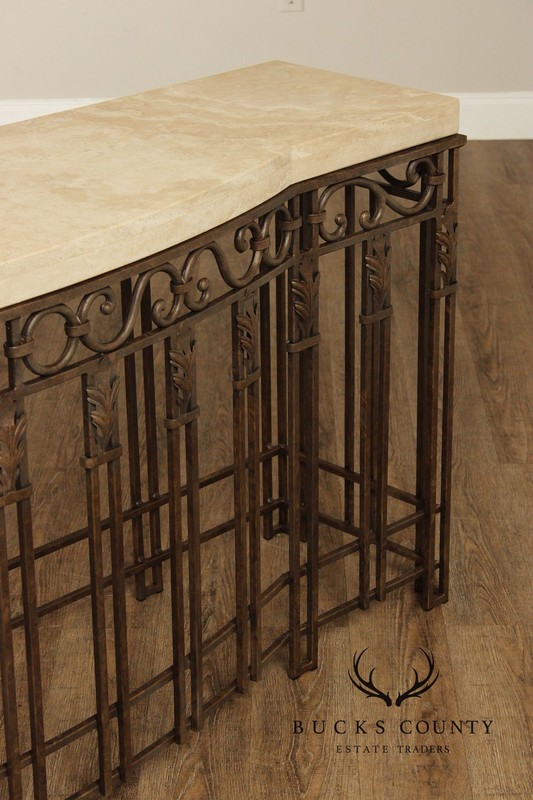 Wrought Iron Travertine Top Long Console Table gallery