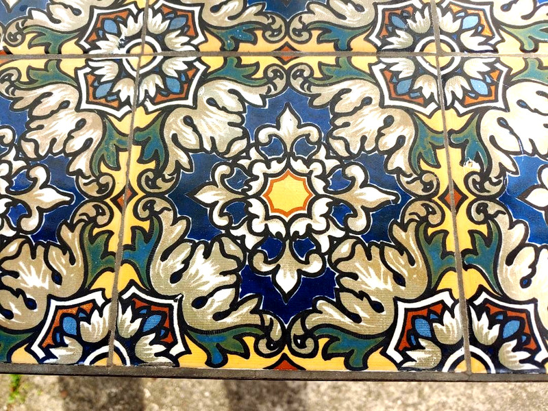 WONDERFUL CALIFORNIA? ARTS & CRAFTS TILE TOP TABLE, PLANT STAND WITH IRON BASE.. gallery