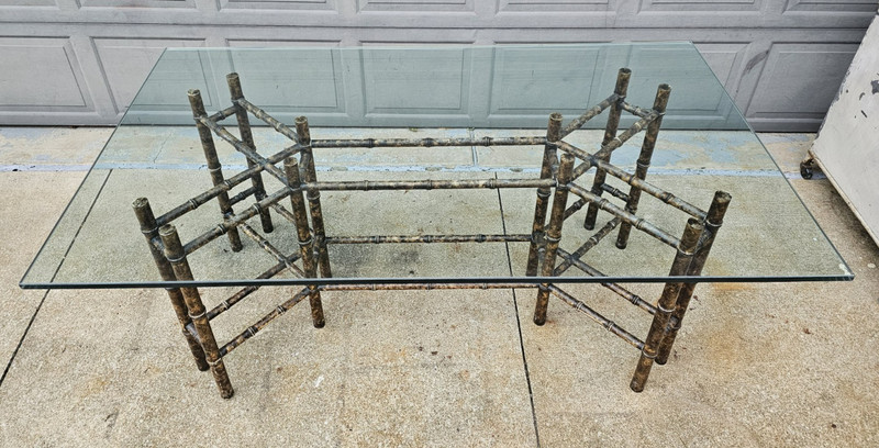 VINTAGE DINING TABLE GINA BERSCHNEIDER FAUX BAMBOO GLASS TOP HOLLYWOOD REGENCY