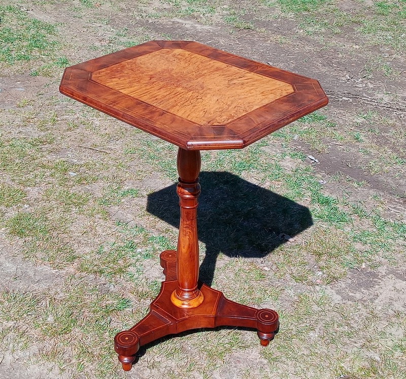 Antique Mahogany Burled Maple Center Satinwood Inlaid Pedestal Table Tripod Base gallery