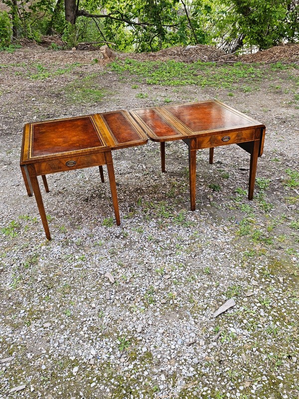 Antique Pembroke Double drop leaf leather top end table Pair by Weiman gallery