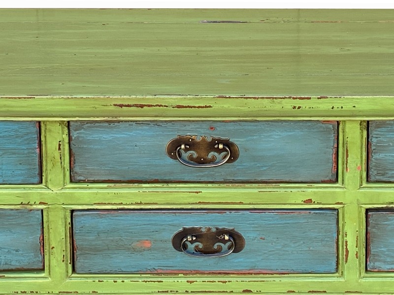Distressed Lime Green 6 Blue Drawers Pedestal Sideboard Console Cabinet cs7823 gallery