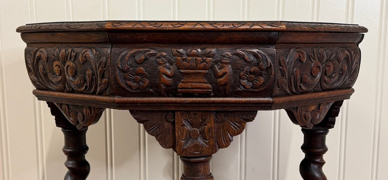 Antique French Octagonal Table Renaissance Revival Carved Barley Twist Oak 19thC gallery