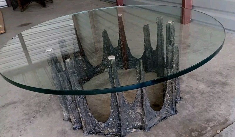 MCM BRUTALIST PAUL EVANS ABSTRACT BRONZE SCULPTURE BASE 42"GLASSTOP COFFEETABLE gallery