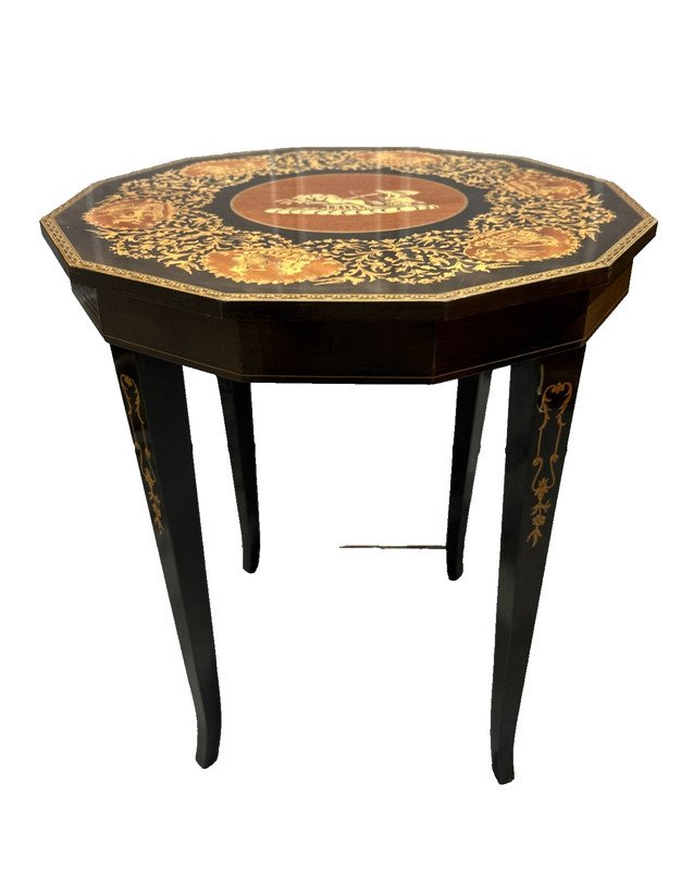 Antique Milanese Inlaid Music Box Round Side Table