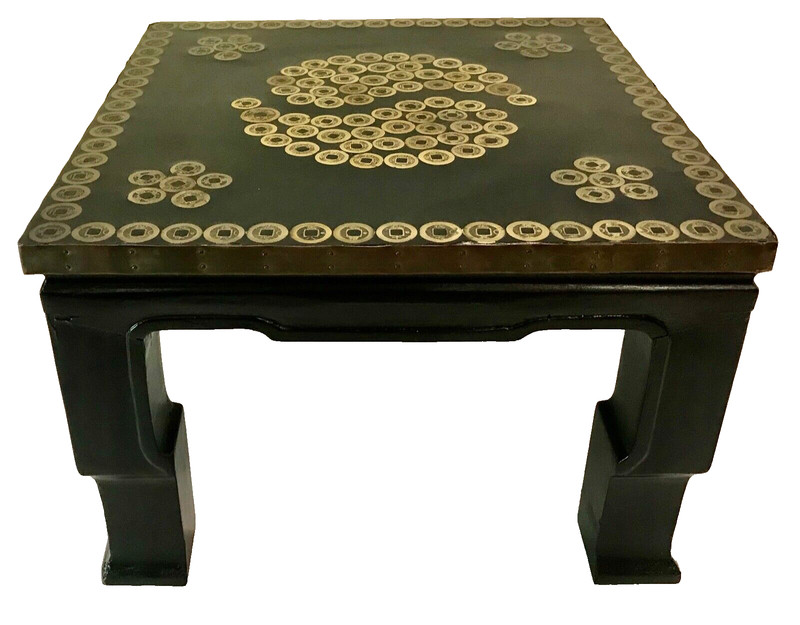 Vintage Asian Bronze Coin Mid Century Modern Side Table Black Lacquered 18"x18"