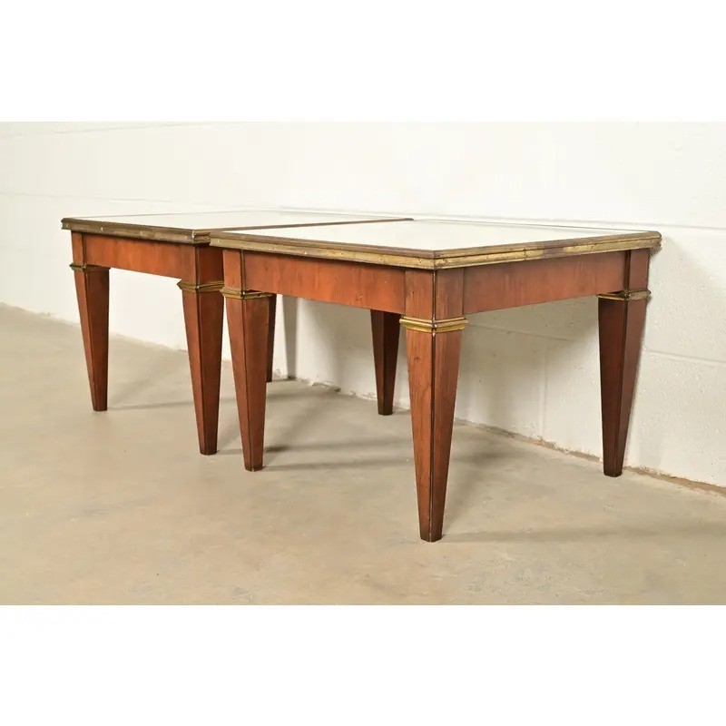Baker Furniture French Regency Louis XVI Cherry, Burl Wood, Side Tables, Pair