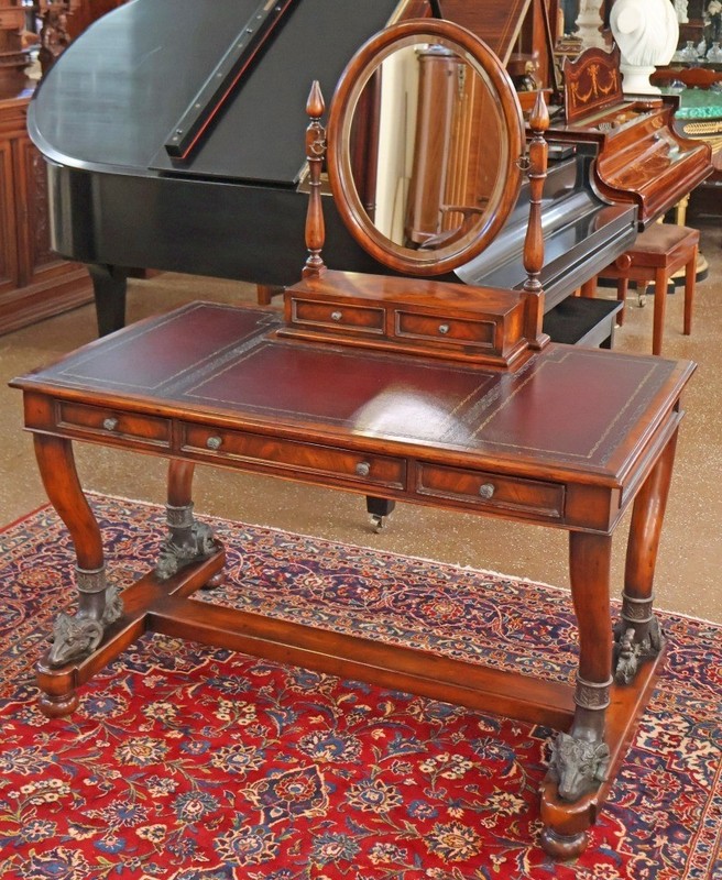 Theodore Alexander Mahogany Leather Tooled Rams Head Vanity Dressing Table gallery