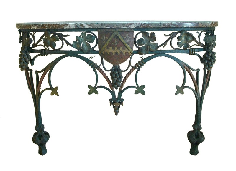 Neo Gothic Wrought Iron & Marble Console Table with Crest – France – Circa 1850