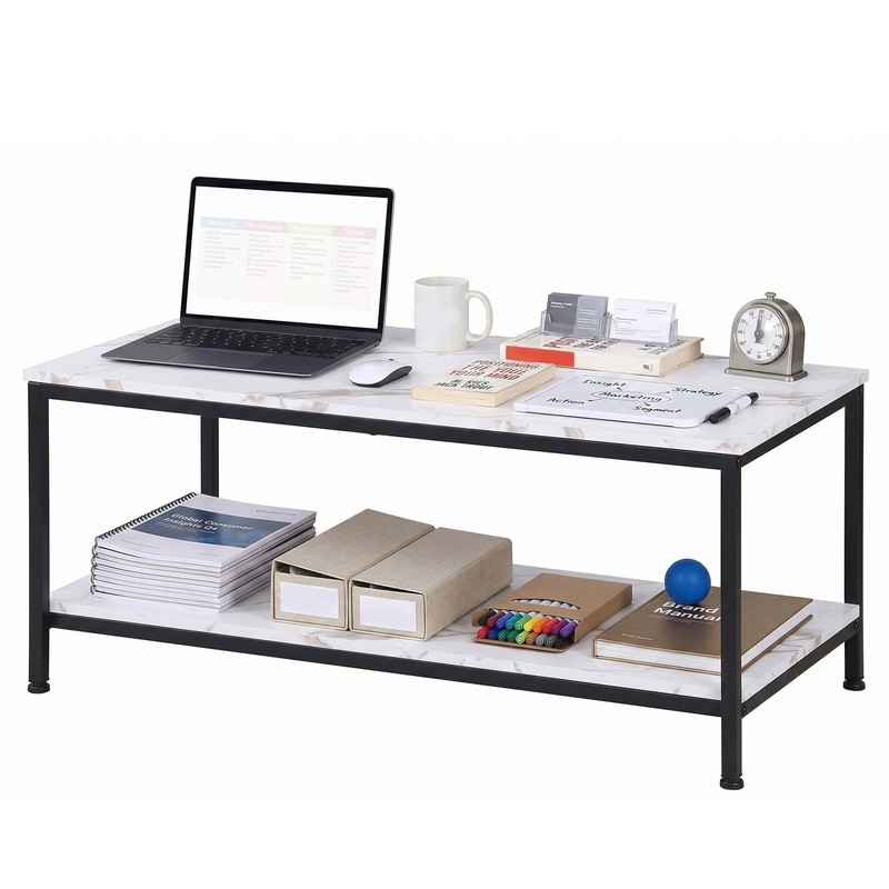 39″Rectangle Wood Coffee Table Metal Frame w/Storage Shelf for Living Room White