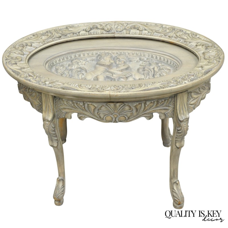 Vintage French Renaissance Walnut Gray Distress Painted Cherub Coffee Table