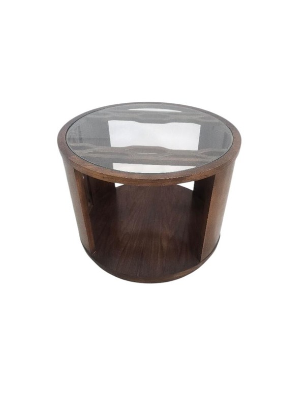 Mid Century Modern Round glass top Walnut side table