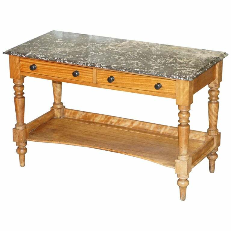 STUNNING VICTORIAN 1880 MARBLE TOPPED SATINWOOD CONSOLE OR WRITING TABLE DESK