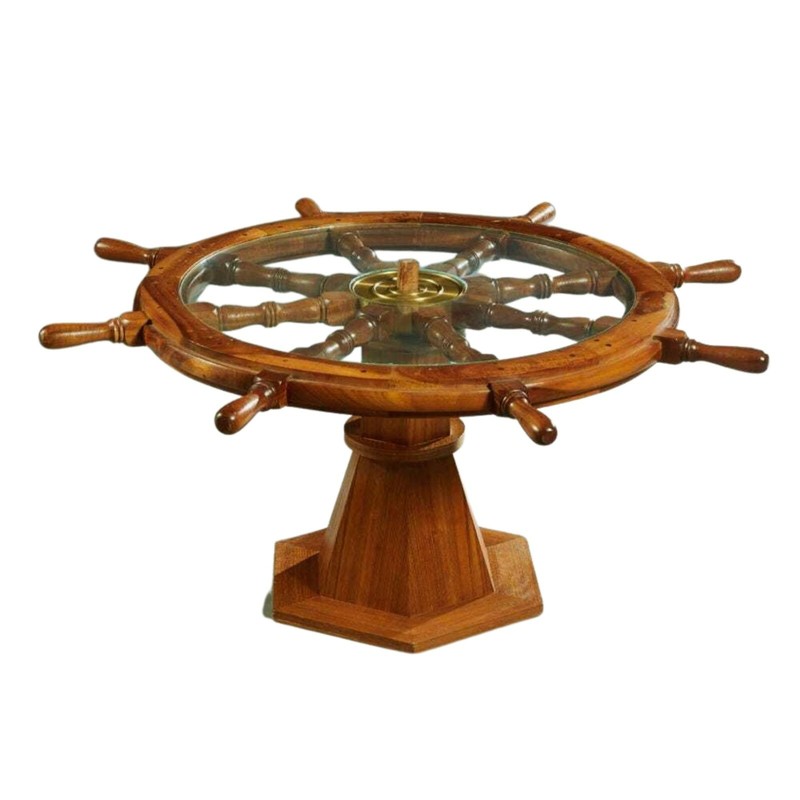 Table, Ship’s Wheel, Coffee, Glass Top, Uniquely Carved Mahogany, 1900’s!