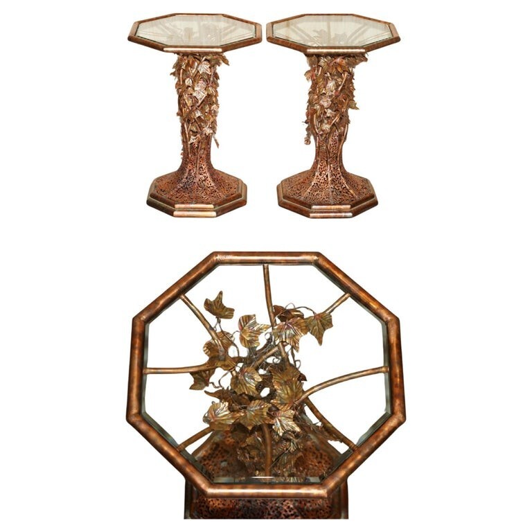 STUNNING & UNIQUE PAIR OF VINTAGE 1960’S ITALIAN COPPER FLORAL SIDE END TABLES