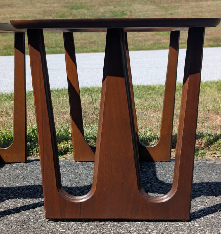 Mid Century Modern Bassett End Side Tables Walnut Arch Design Vintage gallery