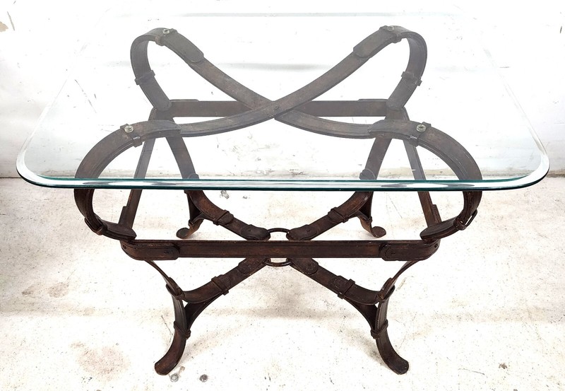 Jaques Adnet Hermes Style Side Table Trompe l'Oeil Leather Straps gallery