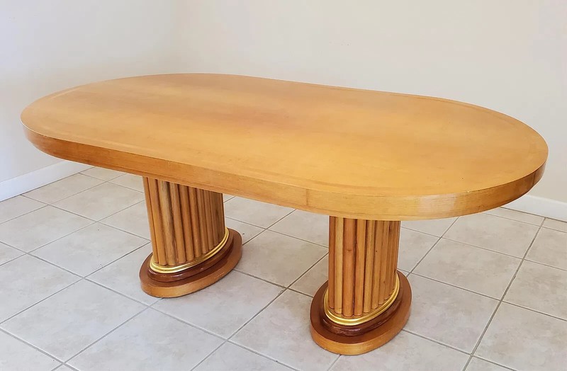 An Art Deco Style Oval Top with Two Fluted Pedestals Blonde Wood Dining Table