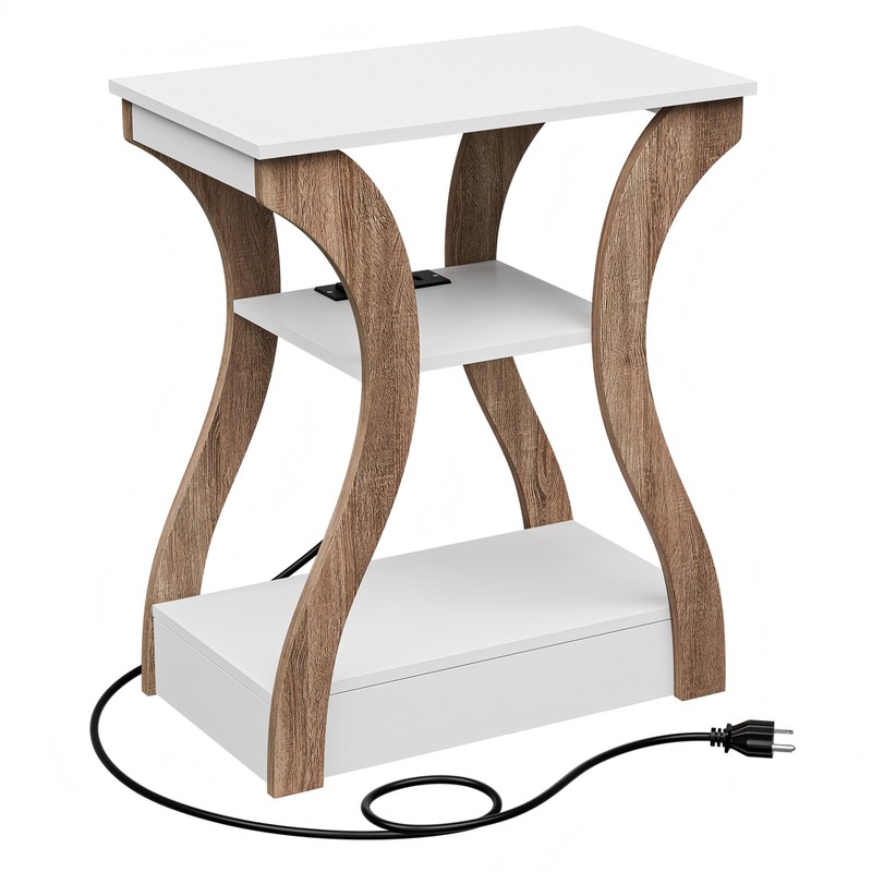 End Table w/Charging Station Narrow Nightstand Side Table with 3 Shelves White