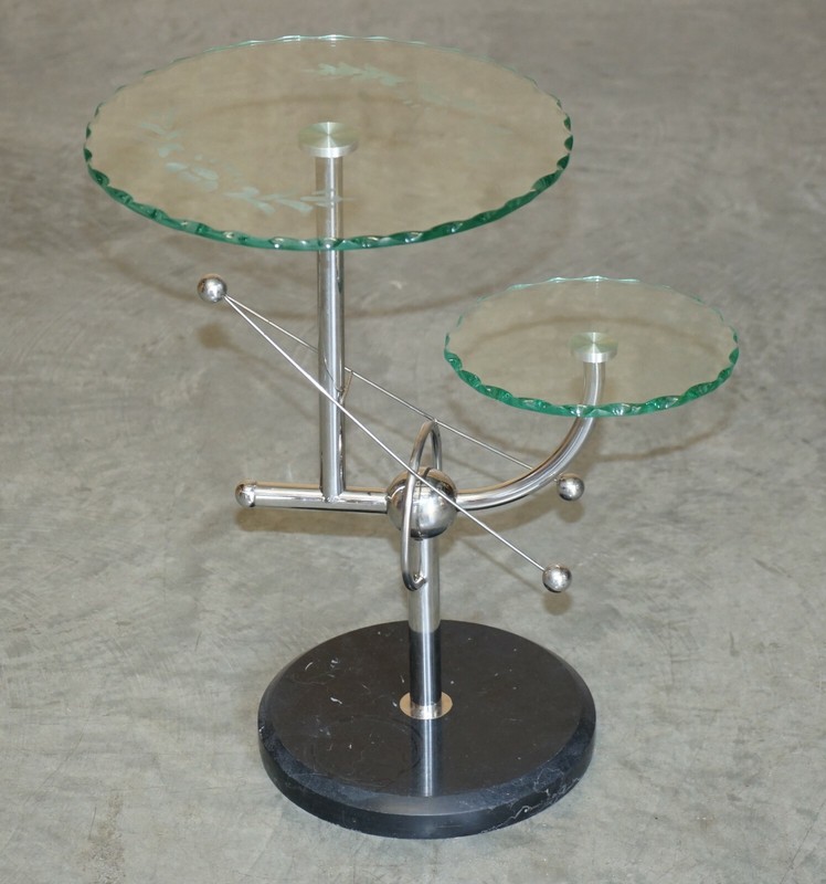 MID CENTURY MODERN ATOMIC SPACE AGE CHROME GLASS & MARBLE SIDE END LAMP TABLE gallery