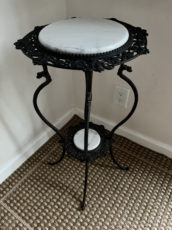 Antique Cast Iron Plant Stand with Marble Tops – 28” Tall Vintage Decor