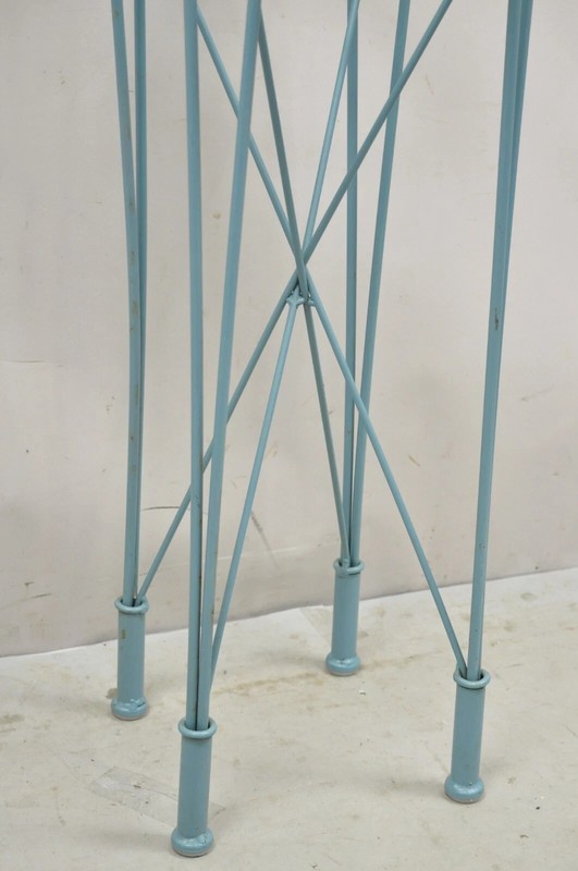 Postmodern Blue Wrought Iron "Skyscraper" Glass Top Pedestal Stand Side Table gallery