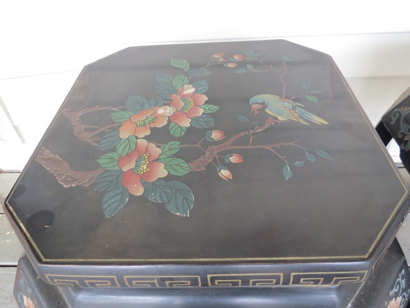 Pair Of Vintage Oriental Asian Hand Painted & Lacquered Bird & Flower Tables gallery