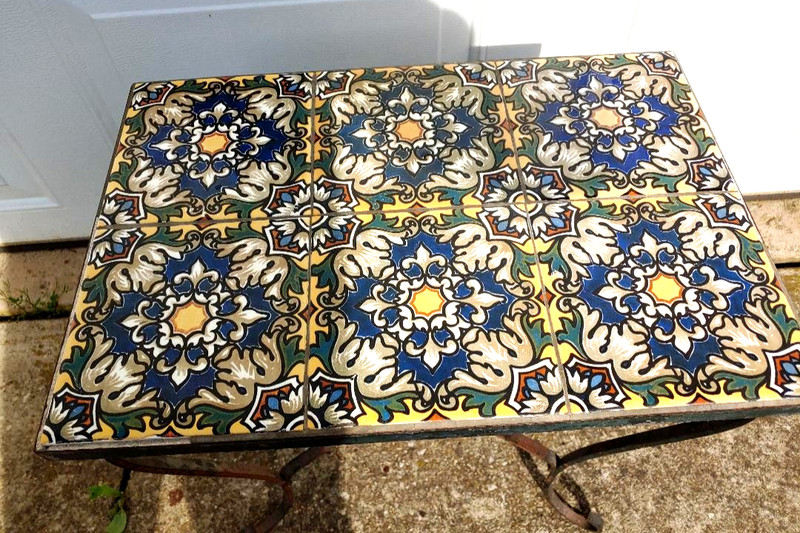 WONDERFUL CALIFORNIA? ARTS & CRAFTS TILE TOP TABLE, PLANT STAND WITH IRON BASE.. gallery